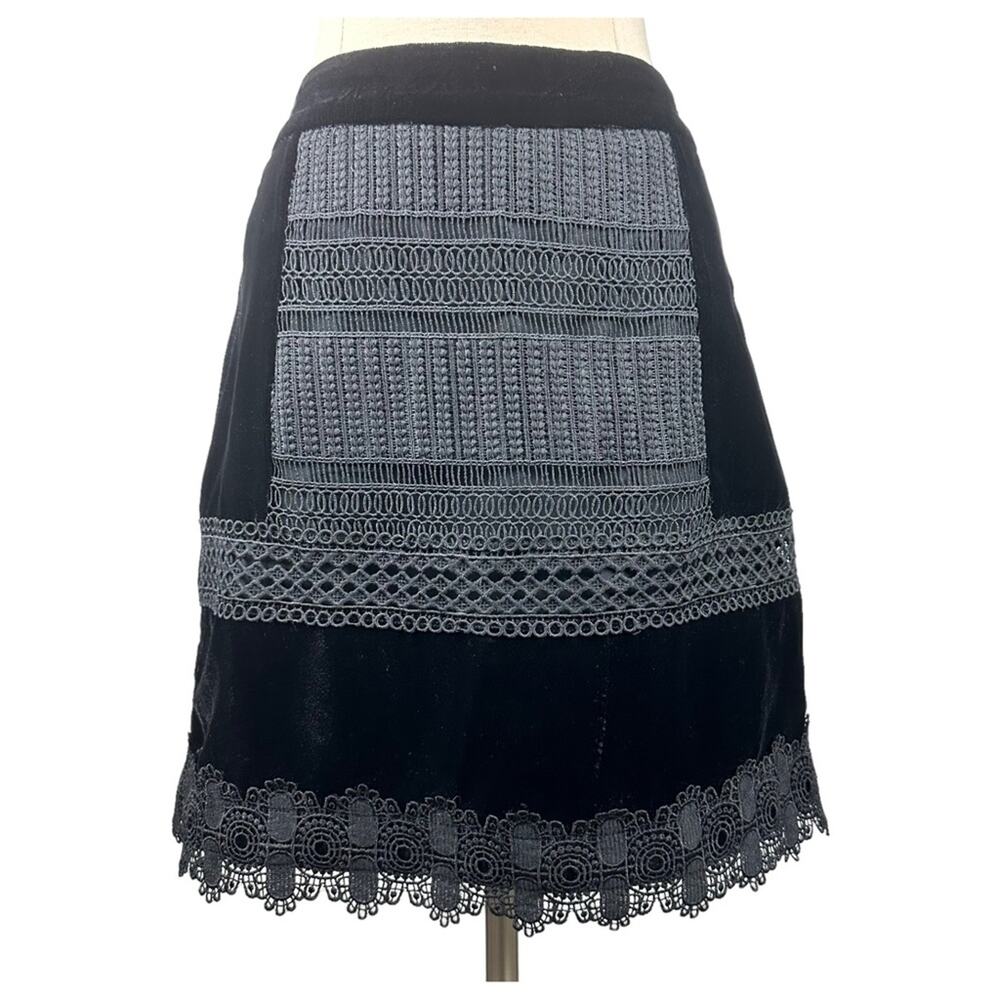 Topshop Black Velvet Lace Crochet High Waisted Mini Skirt A line Floral Sz 6 (S)